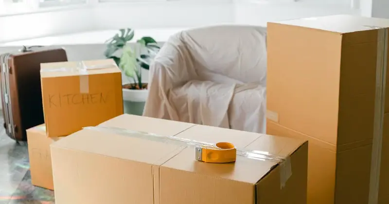 Empty apartment with packed cardboard boxes before moving out
