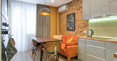 Interior of a small modern studio apartment with efficient storage