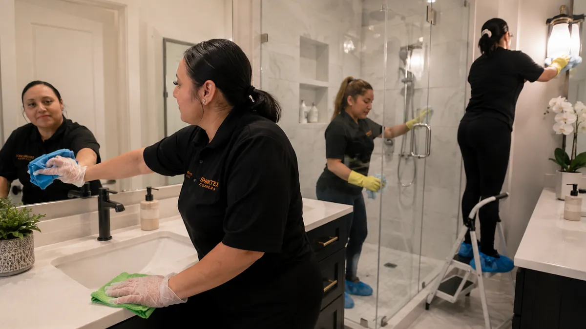 The SparkTex Cleaners team detailing a bright bathroom — vanity, glass shower and mirror — in North
