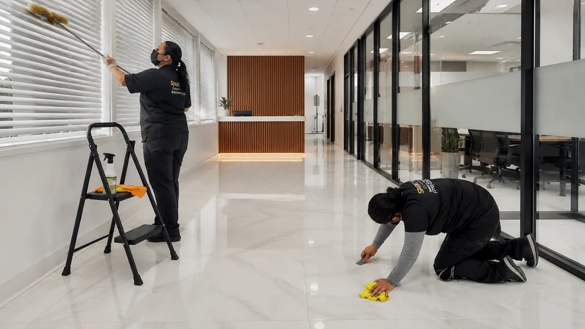 The SparkTex Cleaners team cleaning a modern office lobby and conference rooms in North Houston