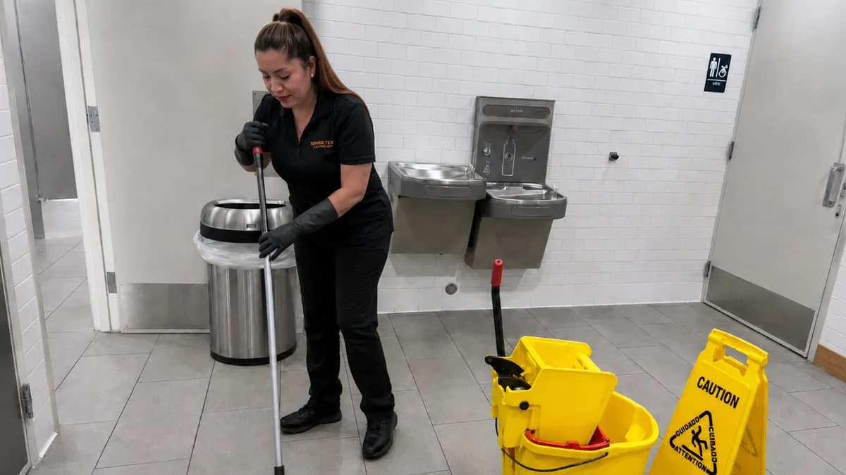 A SparkTex Cleaners team member mopping a commercial restroom floor beside a wet-floor caution sign