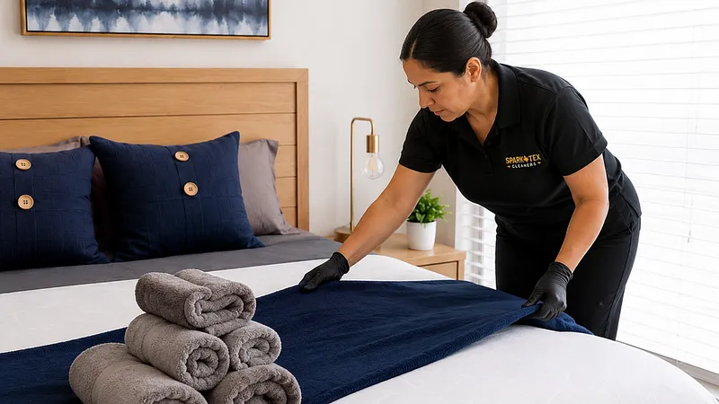A SparkTex Cleaners team member making a bed with fresh linens in a bright, restful North Houston