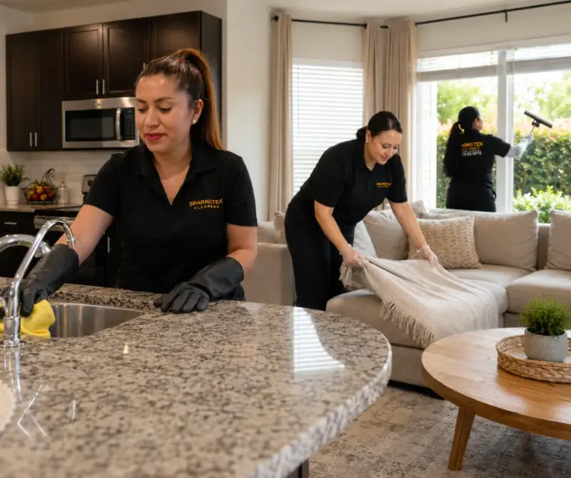 SparkTex Cleaners team cleaning a kitchen, living room, and window in a North Houston home