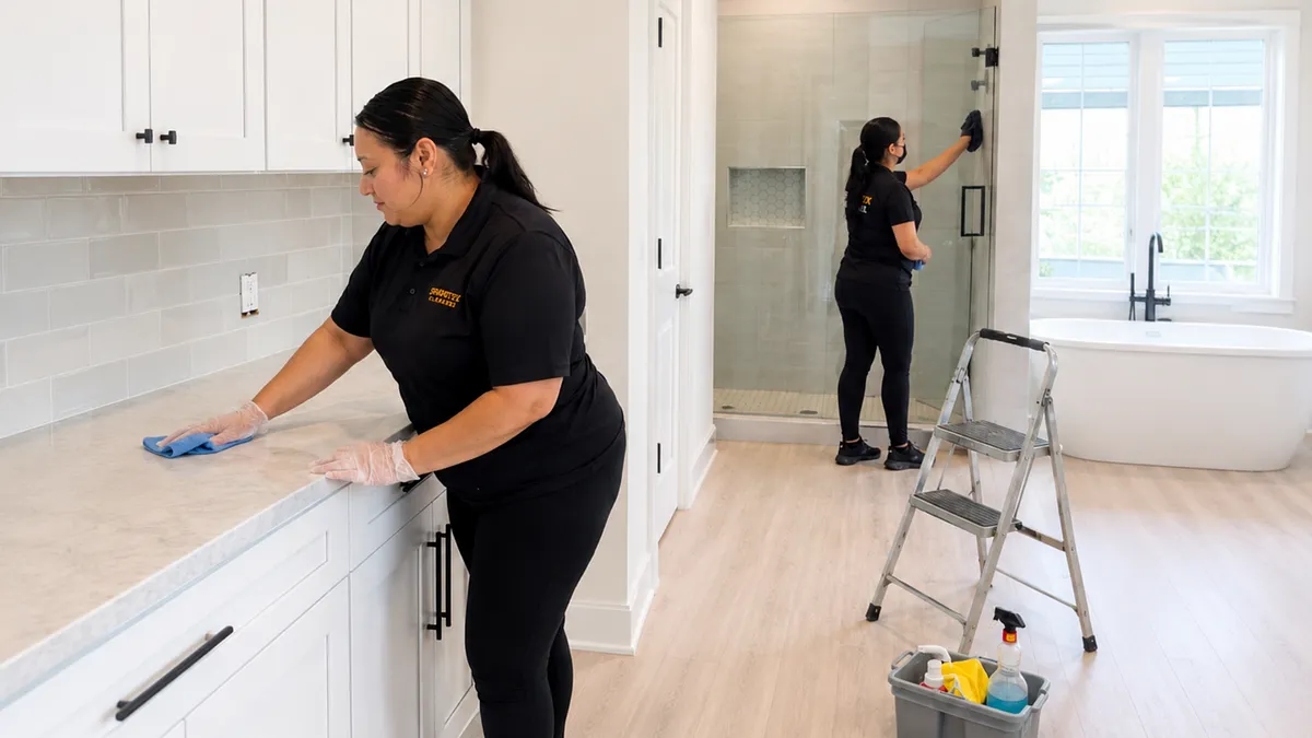 Two SparkTex Cleaners team members deep-cleaning a bright kitchen and bathroom in a North Houston