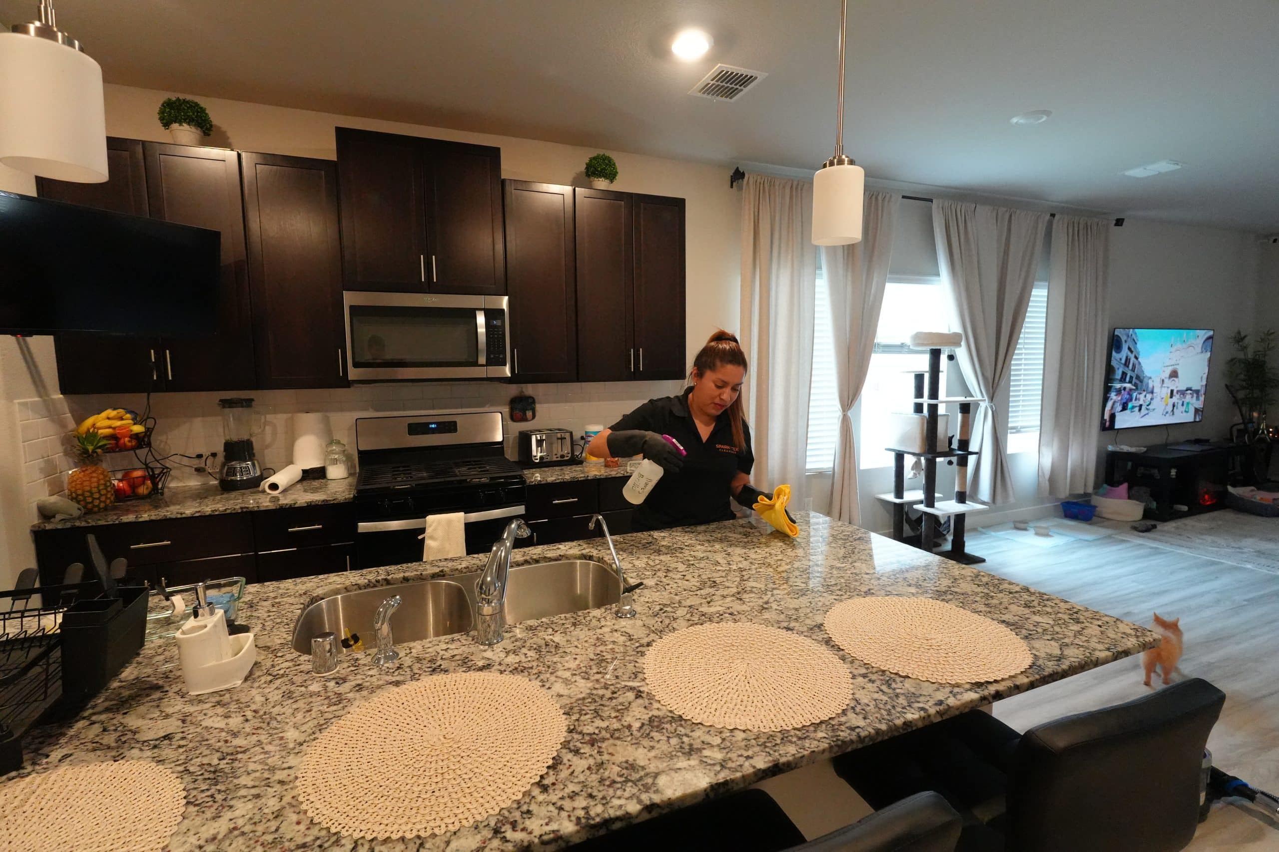 Residential Cleaning 14 House cleaner wiping down granite kitchen counter