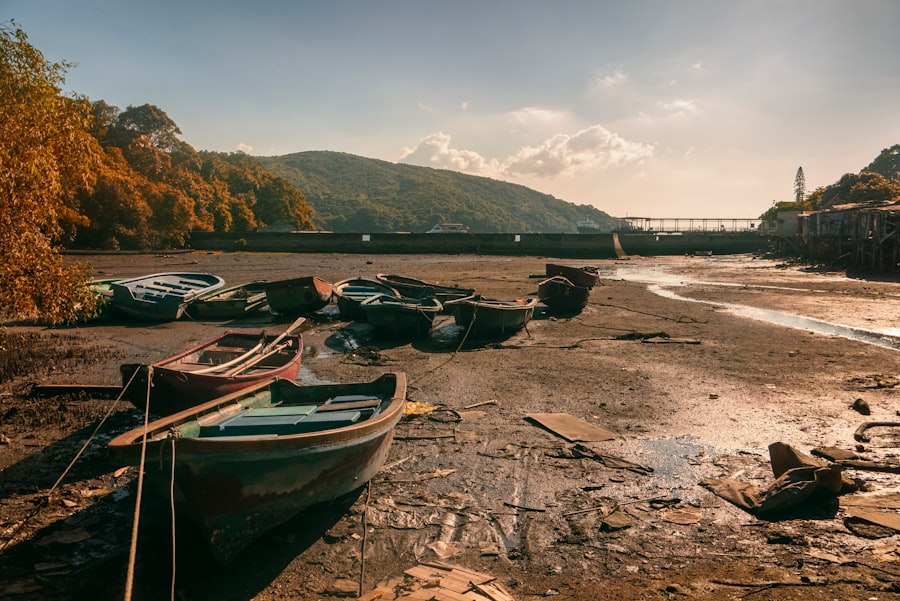 Abandoned boats on a mudflat at low tide.