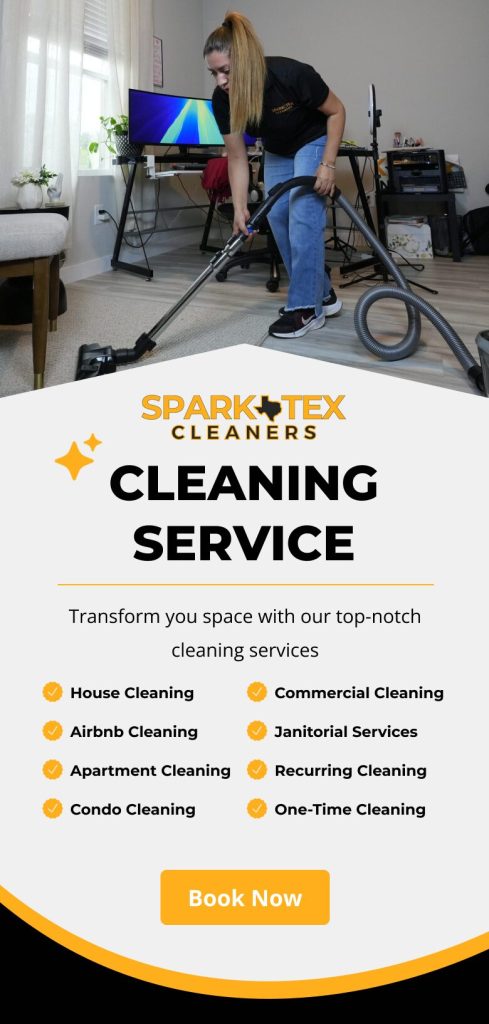 Cleaner vacuuming a home office floor. Spark Tex Cleaners cleaning service.