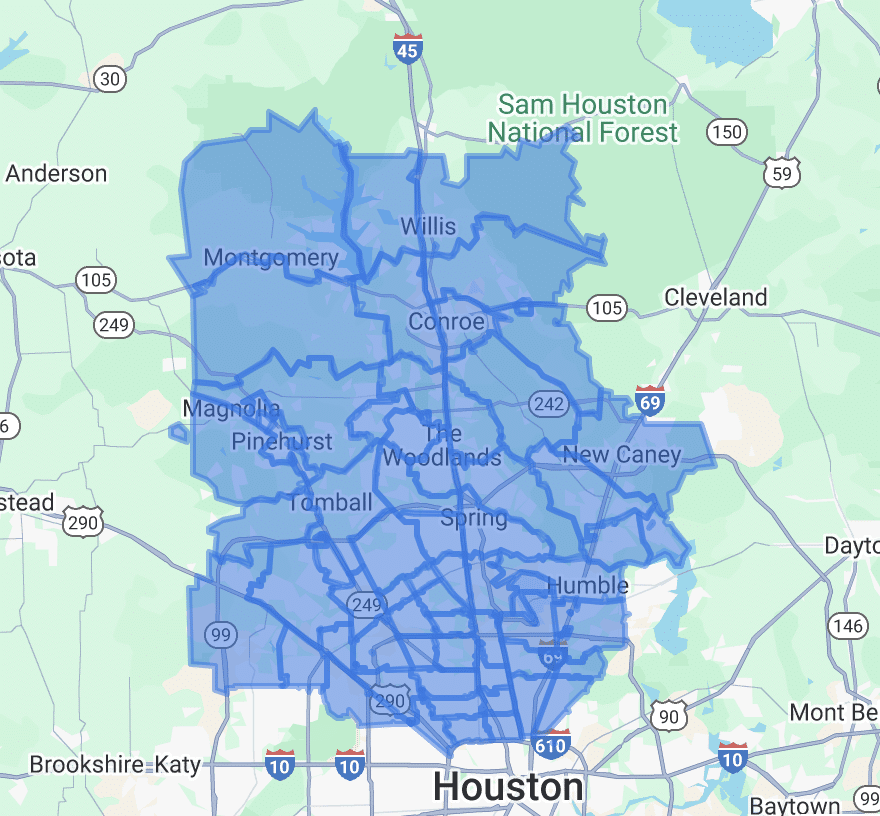 Map of Houston metropolitan area, highlighting suburbs and major roadways. Cleaning Services In Conroe and Woodlands Texas